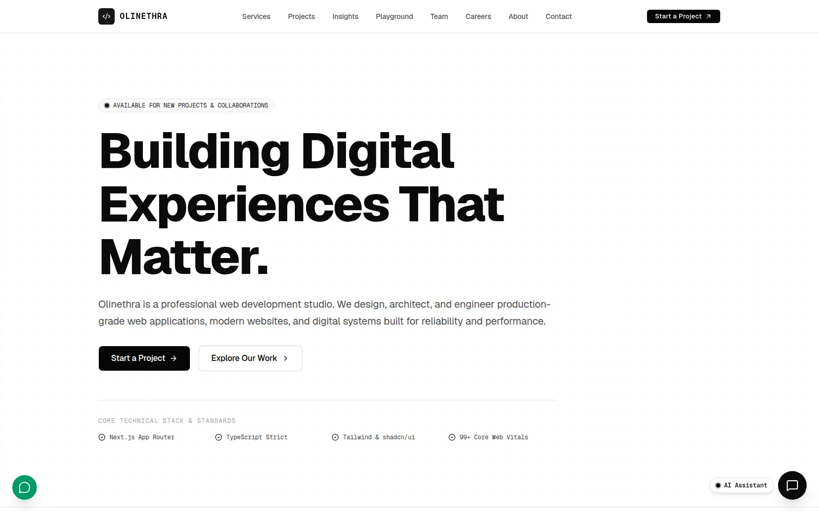 Olinethra engineering studio homepage running locally from the project repository