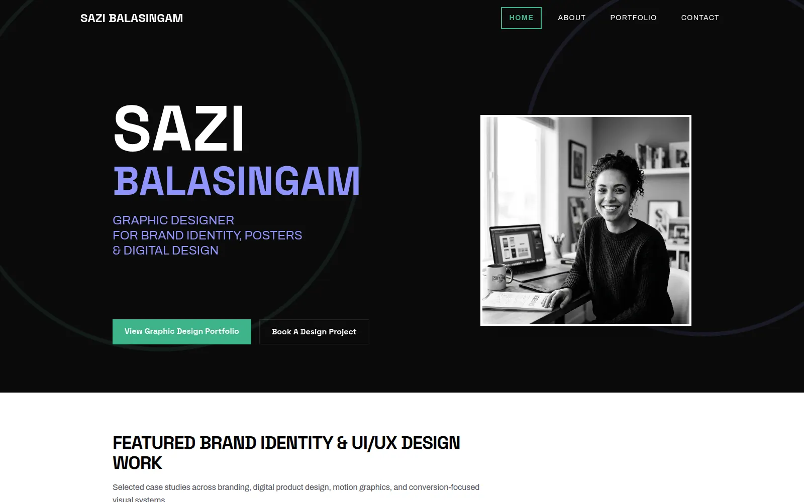 Sazi Balasingam graphic design portfolio homepage displayed on desktop