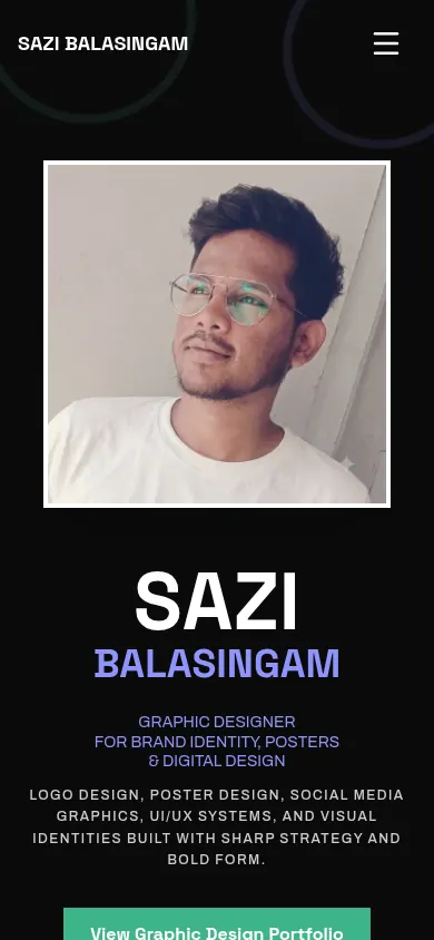 Sazi Balasingam portfolio homepage on a mobile viewport