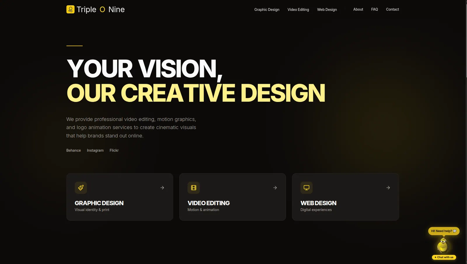 Triple O Nine creative studio homepage showing service cards and AI chat support